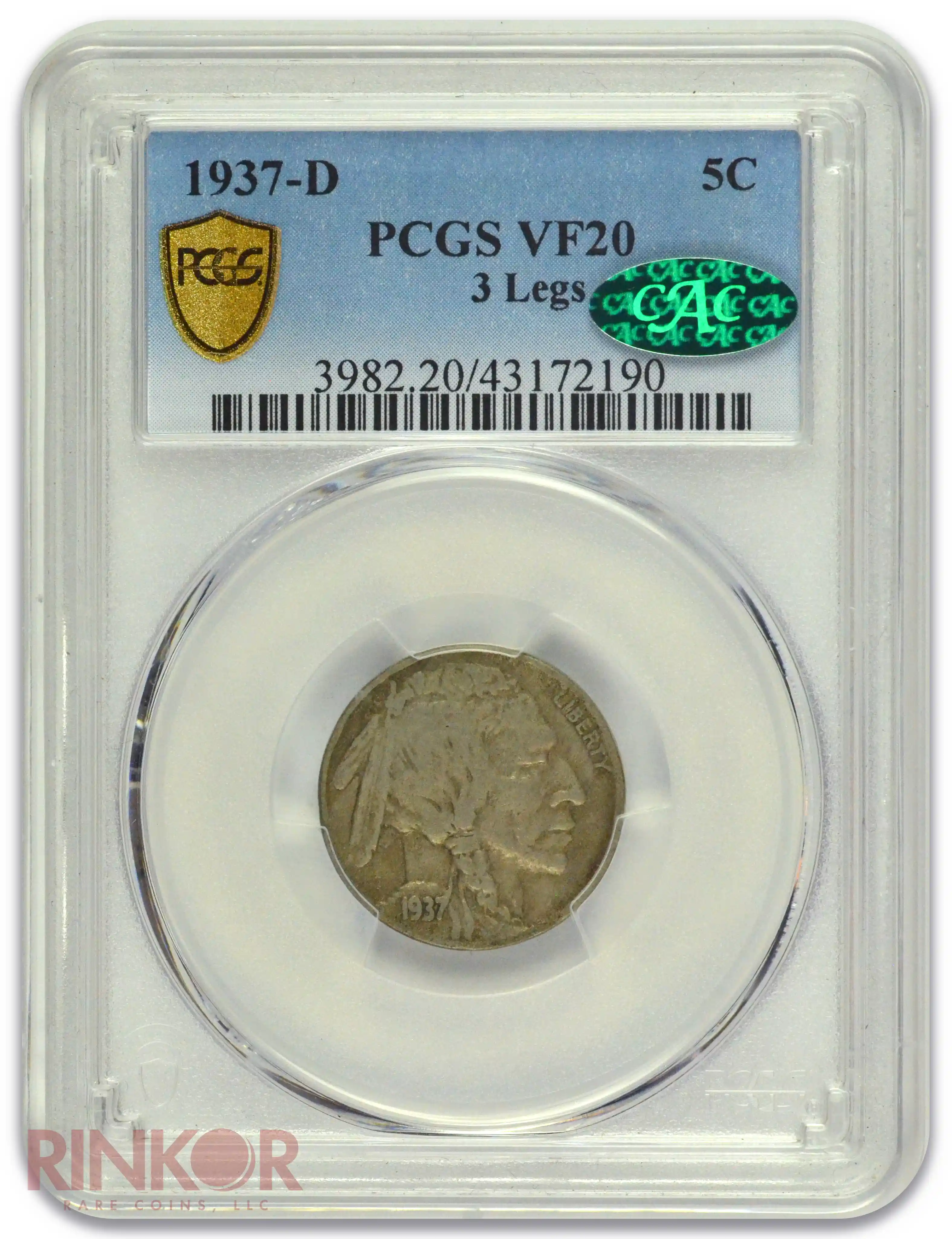 1937-D 3 Legs Buffalo Nickel PCGS VF-20 CAC