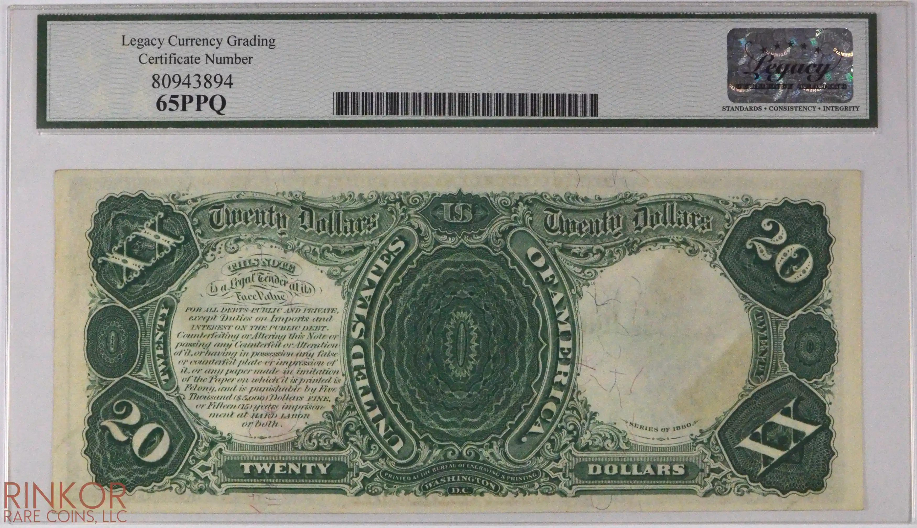 1880 $20 Fr. 147 Legal Tender LCG CU 65 PPQ