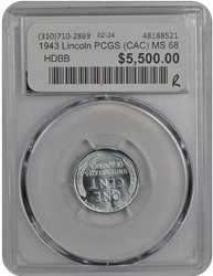 1943 Lincoln PCGS (CAC) MS 68 