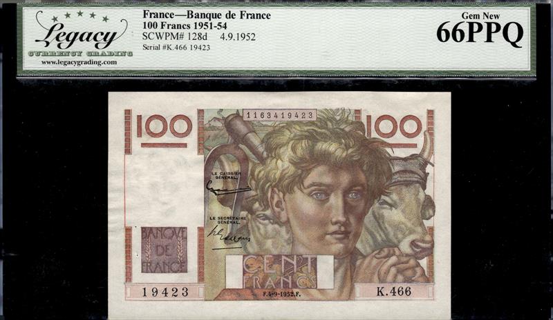 FRANCE BANQUE DE FRANCE 100 FRANCS 1951-54 CHOICE GEM NEW 66PPQ 