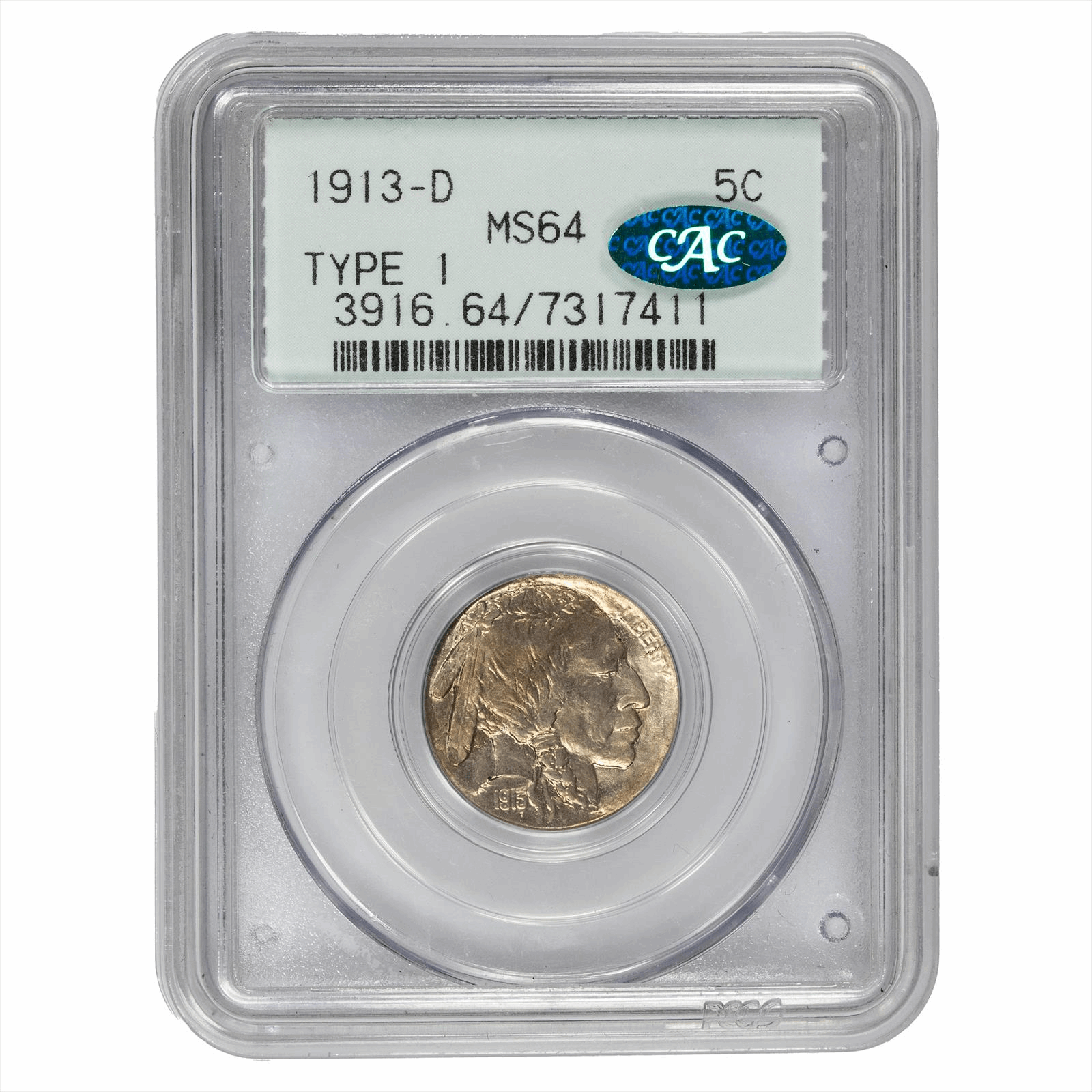 1913-D Buffalo Nickel Type 1 5C PCGS MS 64 CAC
