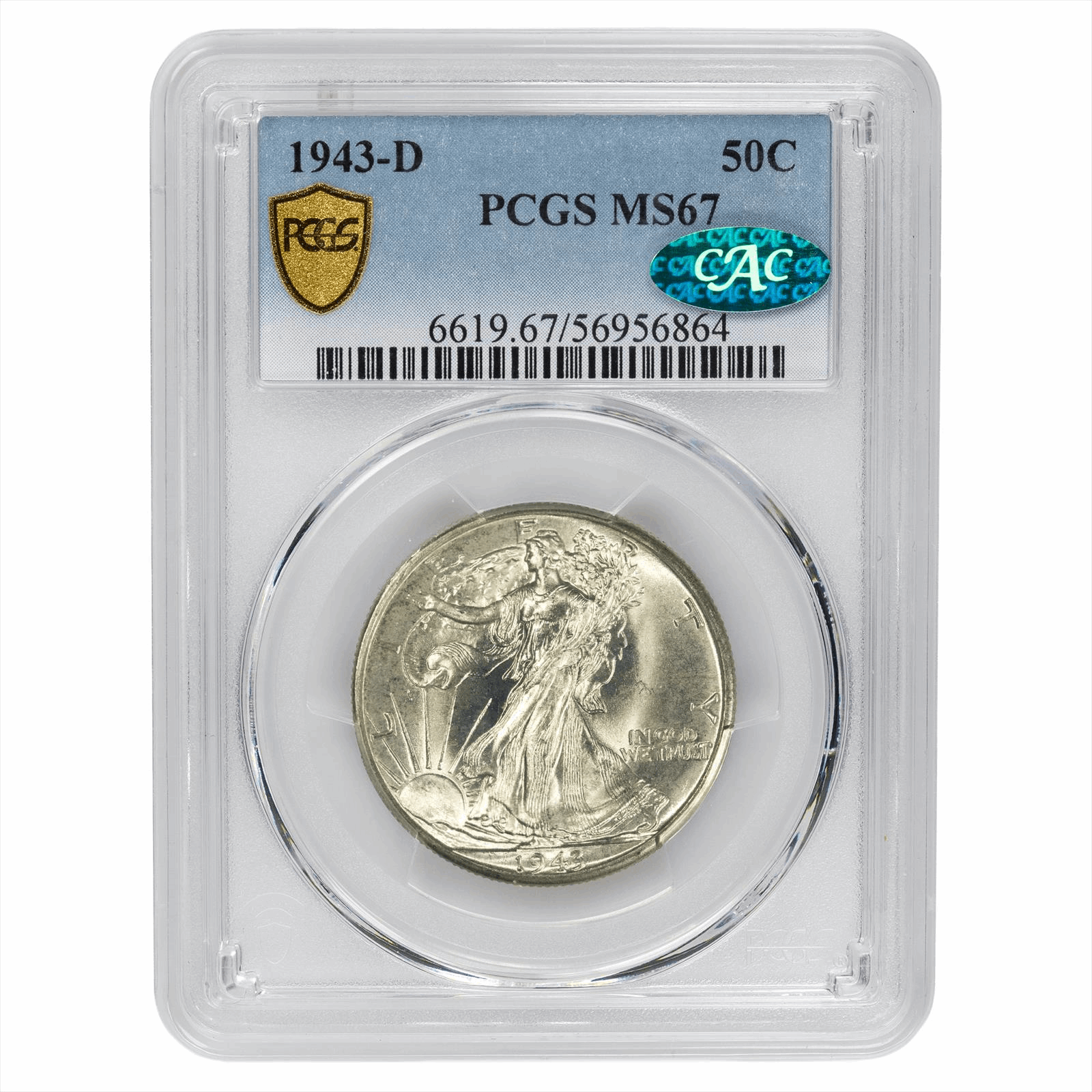 1943-D Walking Liberty Half Dollar 50C PCGS MS 67 CAC
