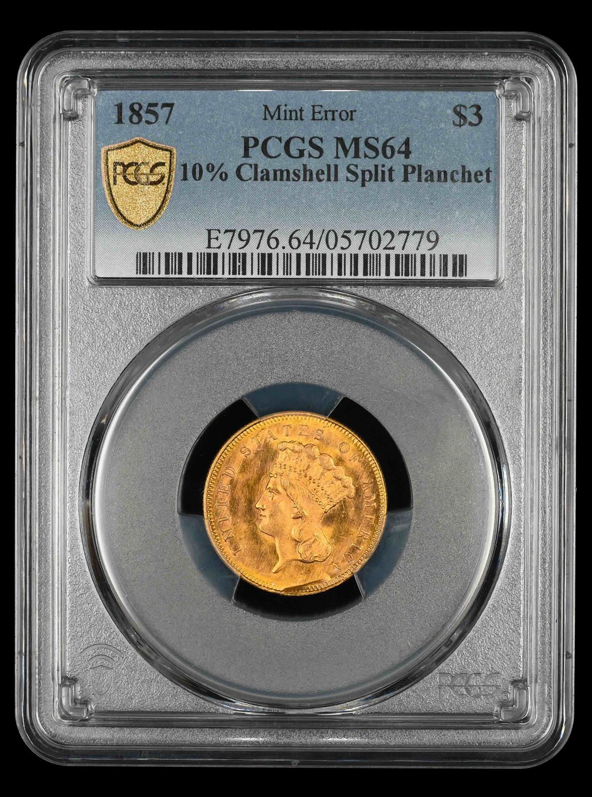 1857 $3 Gold Mint Error 10% Clamshell Split Planchet PCGS MS 64