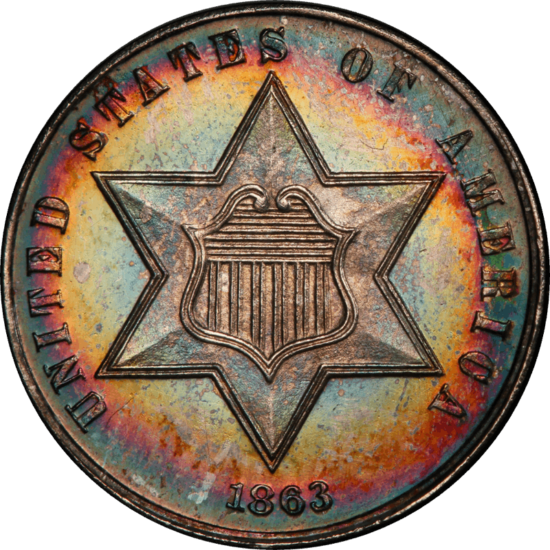 1863 Three Cent Silver Trime 3CS, PCGS PR 66+ CAC - Colorful