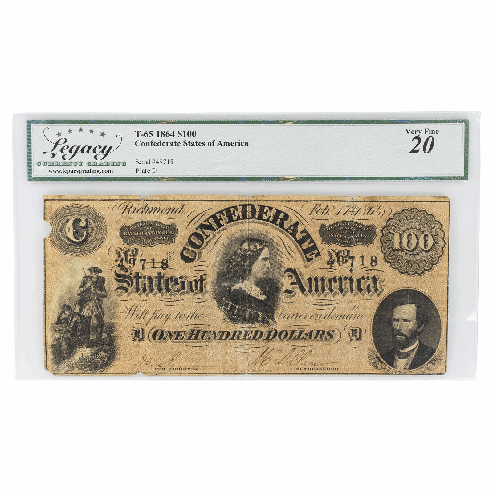 1864 T65 Confederate States of America Note $100 Legacy VF 20