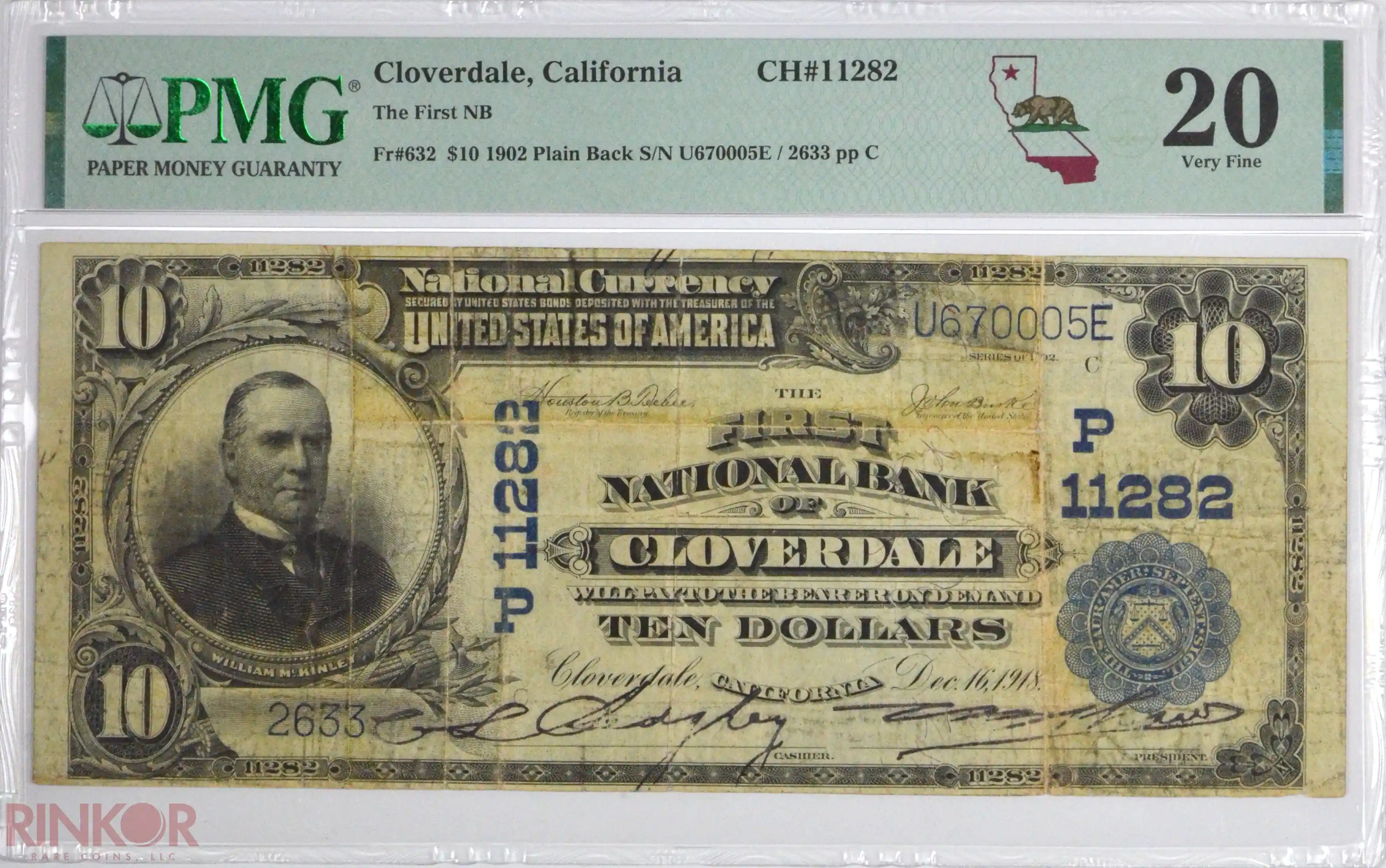 1902 Plain Back $10 Fr. 632 Charter #11282 National Bank Note PMG VF-20