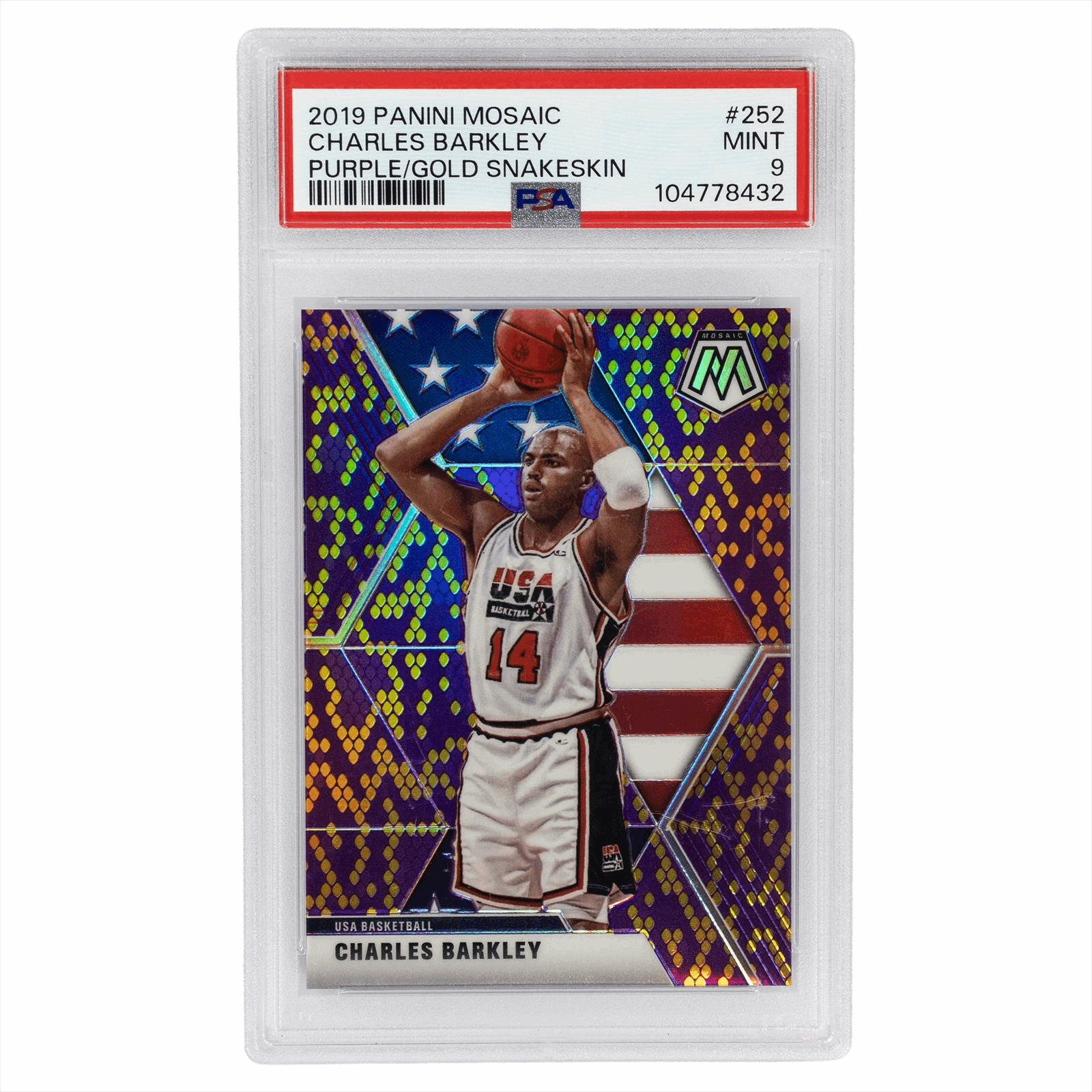 2019 Panini Mosaic Charles Barkley Purple/Gold Snakeskin #252 PSA MINT 9 Cert #104778432