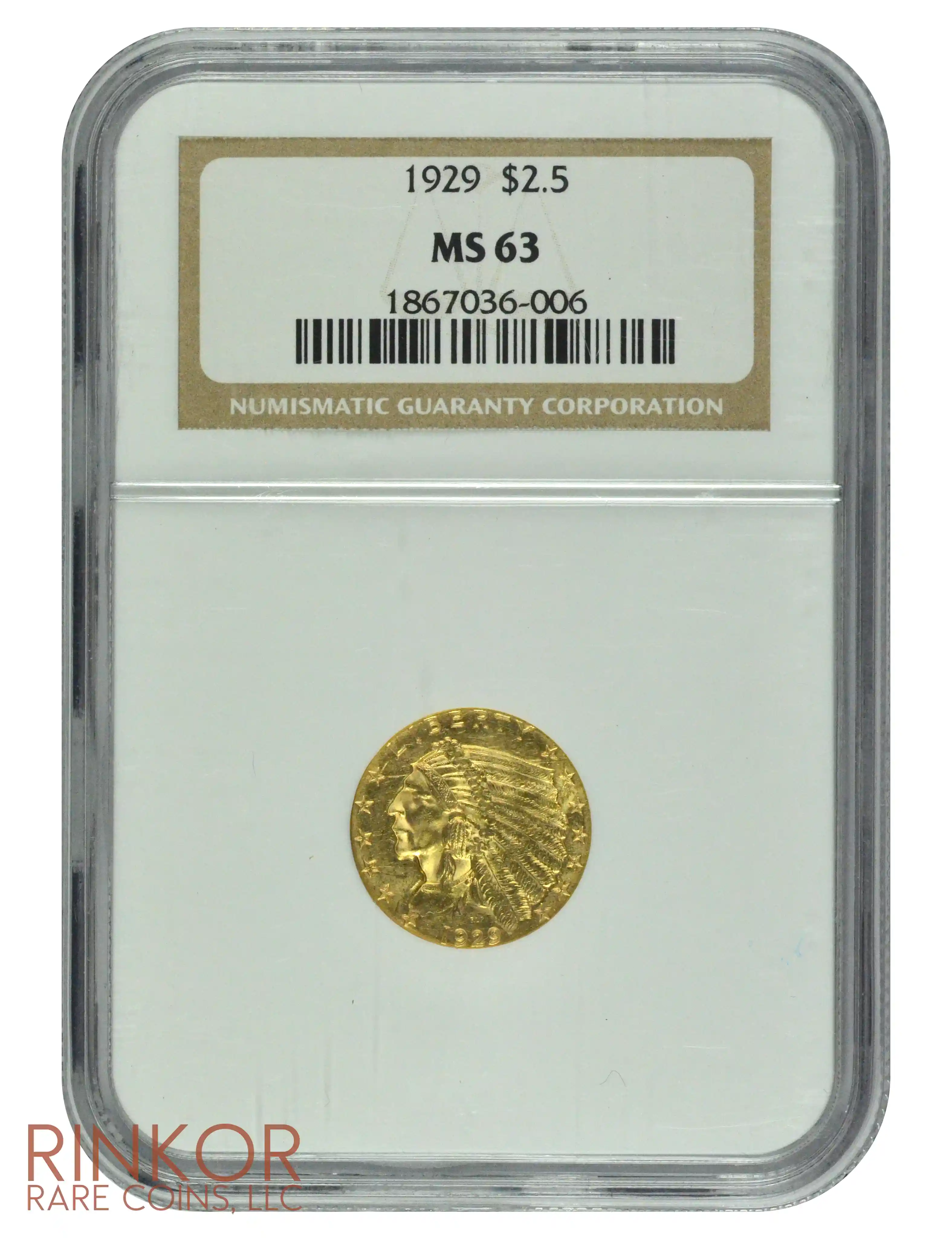 1929 $2.50 Indian Head NGC MS 63 