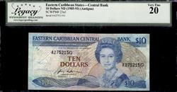 EASTERN CARIBBEAN STATES CENTRAL BANK 10 DOLLARS ND 1985-93 ANTIGUA VERY FINE 20  