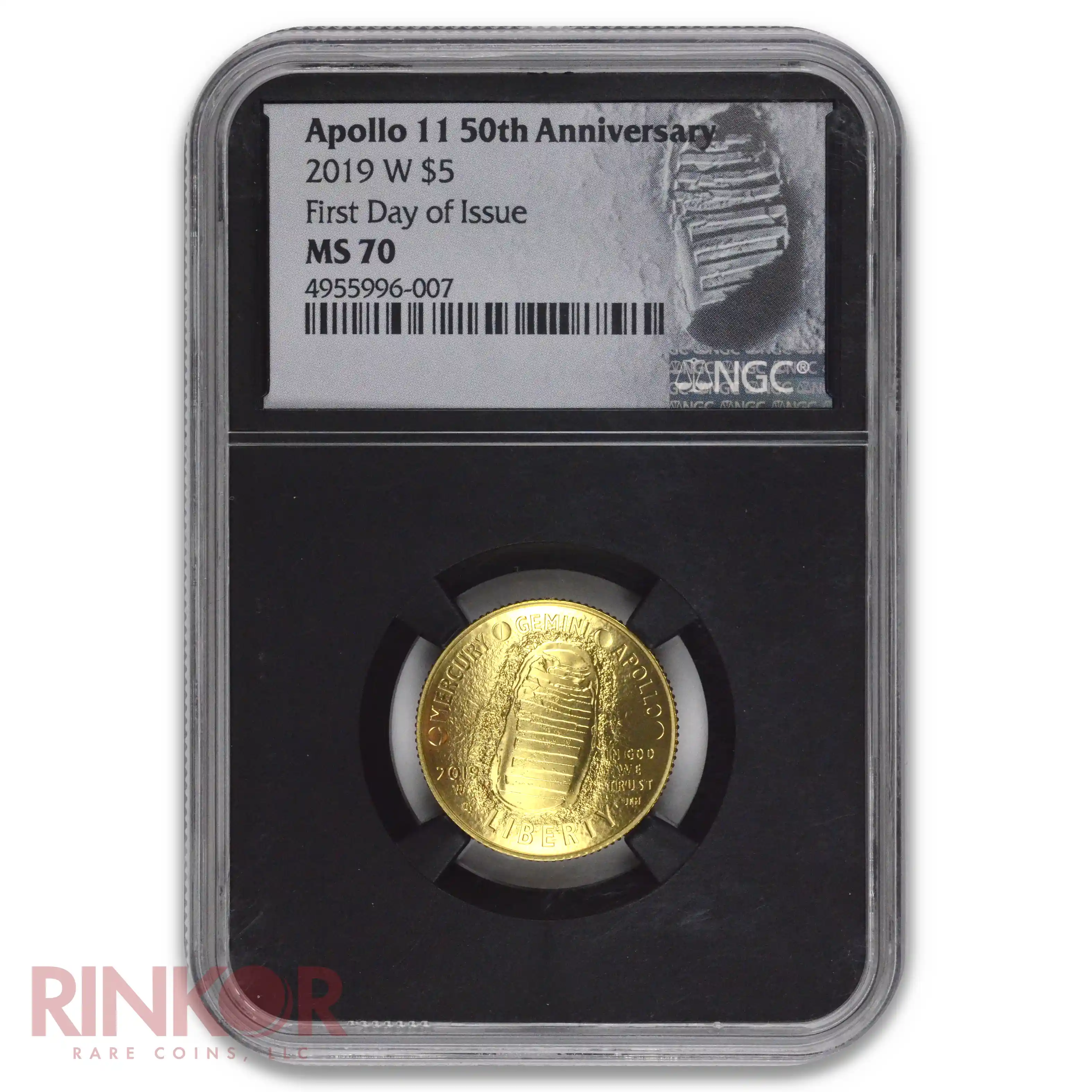 2019-W Gold $5 Apollo 11 50th Anniversary First Day of Issue Black Core NGC MS 70