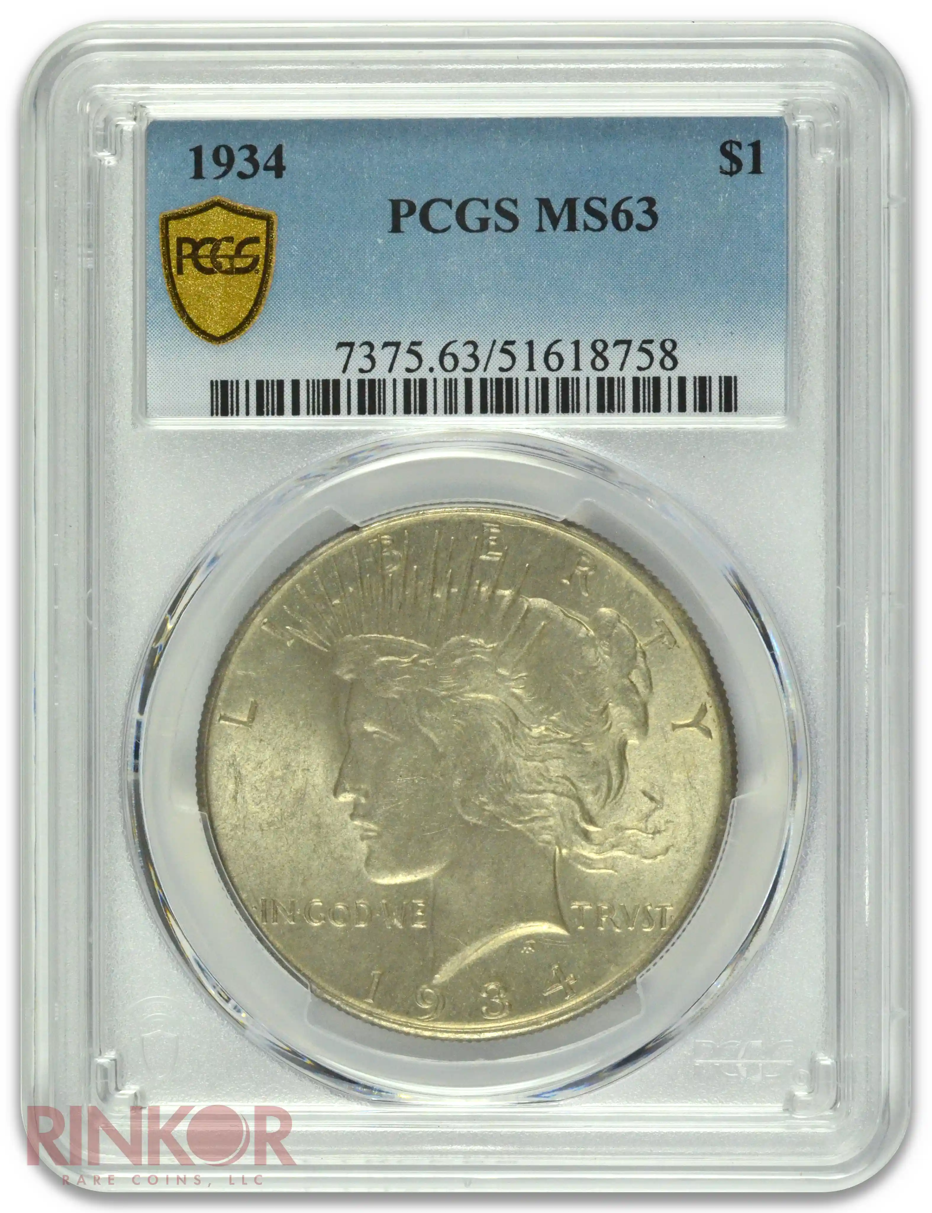 1934 $1 Peace Dollar PCGS MS 63