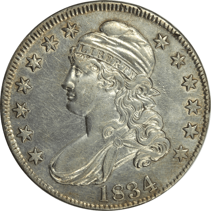 1834 Capped Bust Half Dollar 50c, Circulated Almost Uncirculated - Large Date, Small Letters 