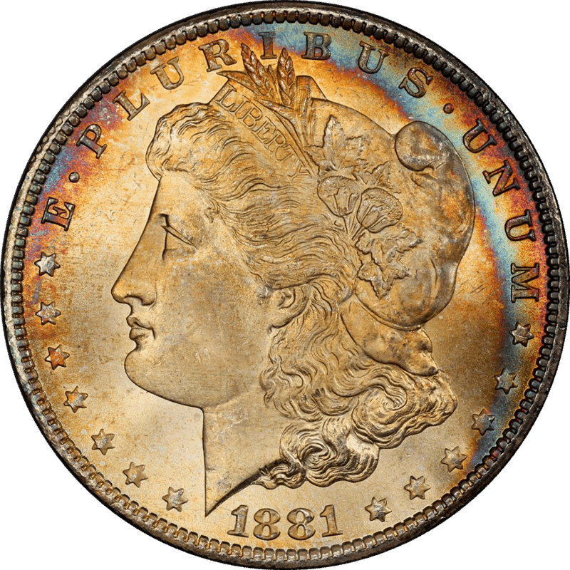 1881-CC Morgan Silver Dollar, PCGS MS67 Crescent of Rainbow Toning