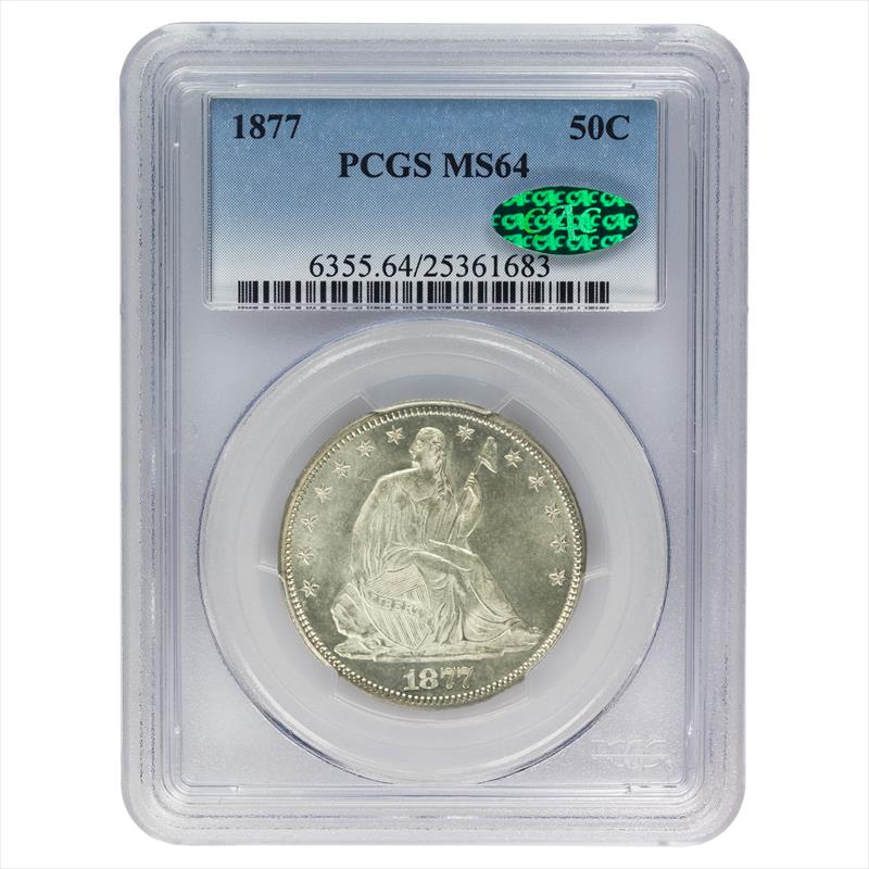 1877 Seated Liberty Half Dollar 50c, PCGS MS 64  CAC - Nice White