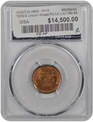 1919-S Lincoln Wheat PCGS CAC RD 65 