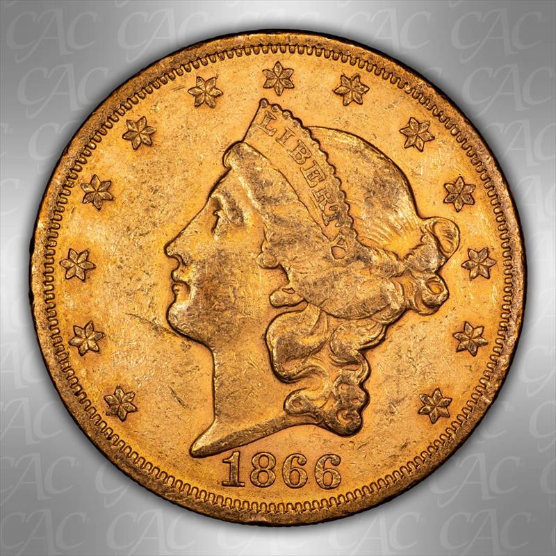 1866 Motto $20 CACG AU-58