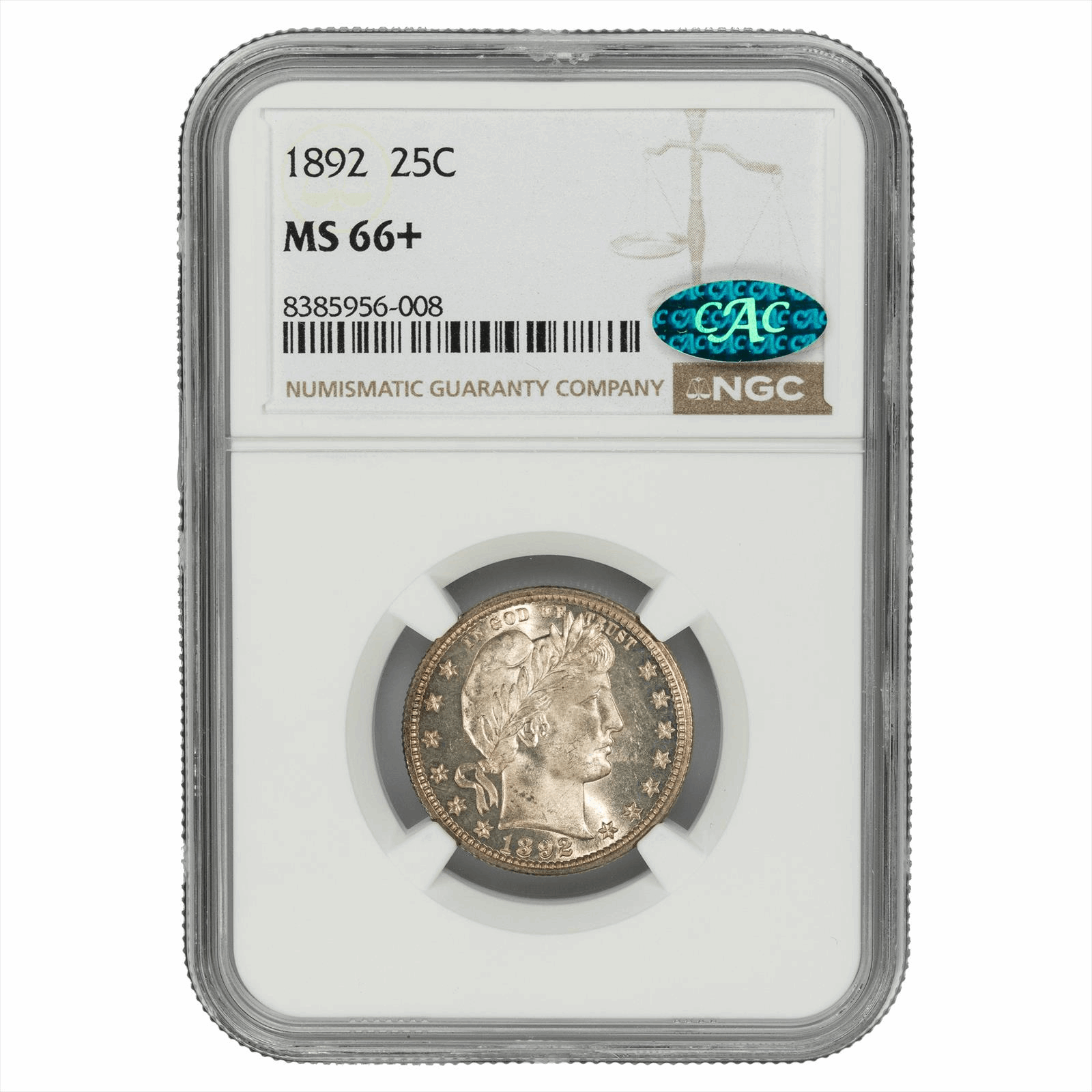 1892 Barber Quarter 25c, NGC MS 66+ CAC - Nice Flashy Coin