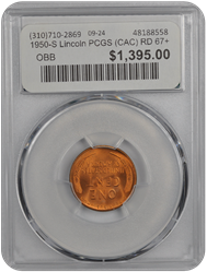 1950-S Lincoln PCGS (CAC) RD 67+ 