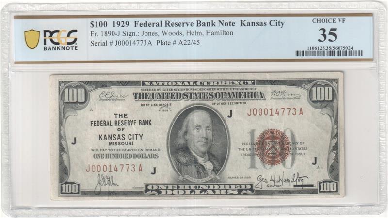 Fr. 1890-J 1929 $100 Fed Reserve Bank Note Kansas City PCGS VF35 