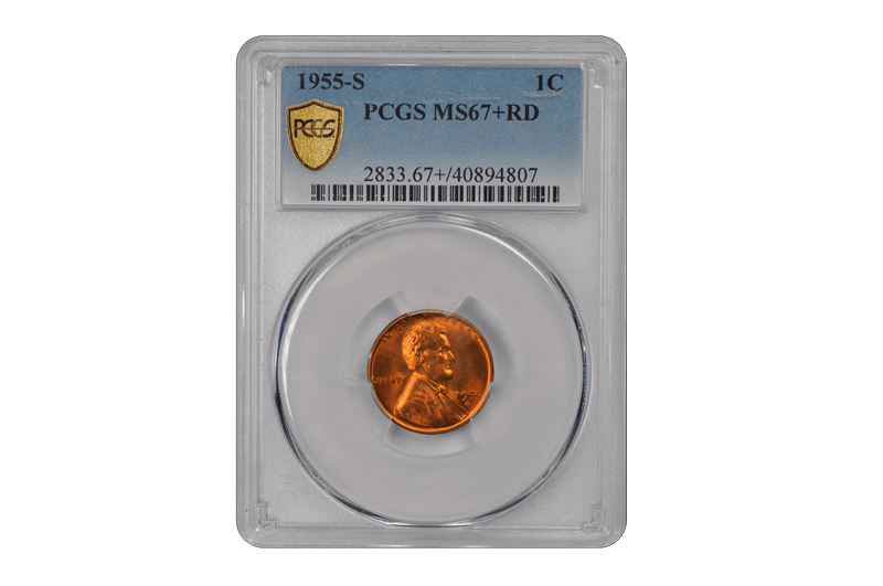 1955-S 1C Lincoln Cent - Type 1 Wheat Reverse PCGS RD #3679-2 MS67+