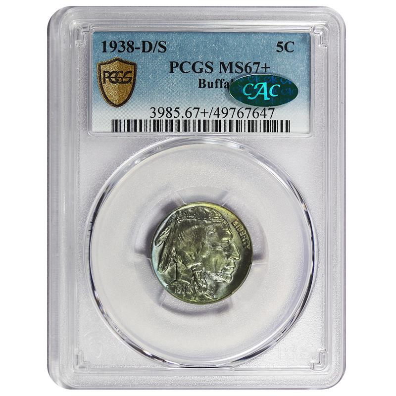 1938-D/S Buffalo Nickel 5c, PCGS MS67+ CAC - Lovely Toning