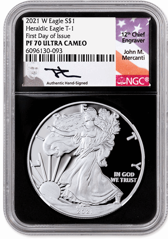 2021-W $1 American Silver Eagle First Day of Issue PF70 NGC John Mercanti Signature