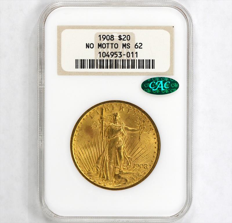 1908 $20 NO MOTTO Saint Gaudens Gold Double Eagle NGC  MS62 - CAC Approved!