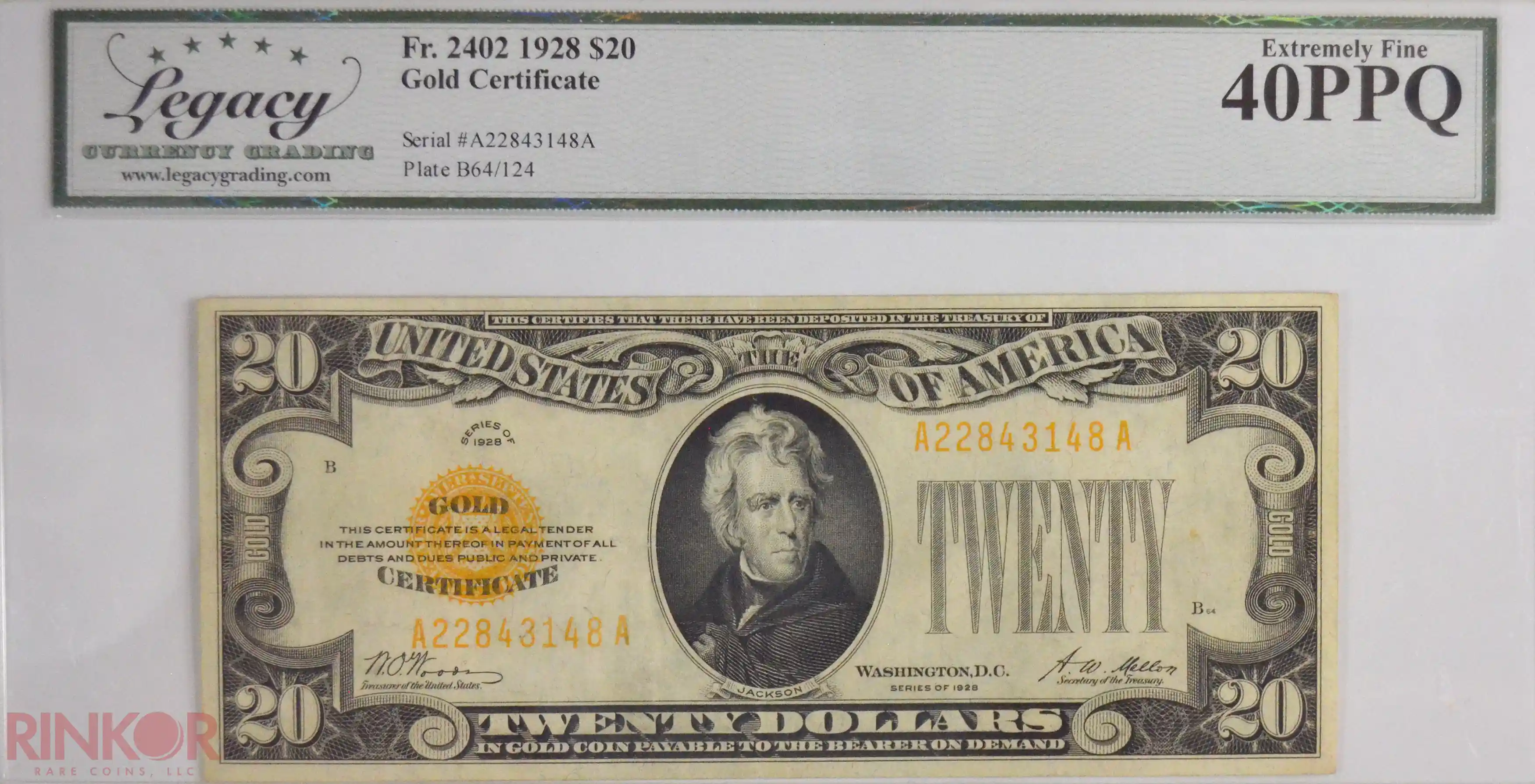 1928 $20 Fr. 2402 Gold Certificate LCG XF-40 PPQ