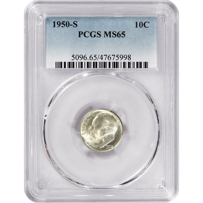 1950-S Roosevelt Dime 10c, PCGS MS 65 - Nice White Coin
