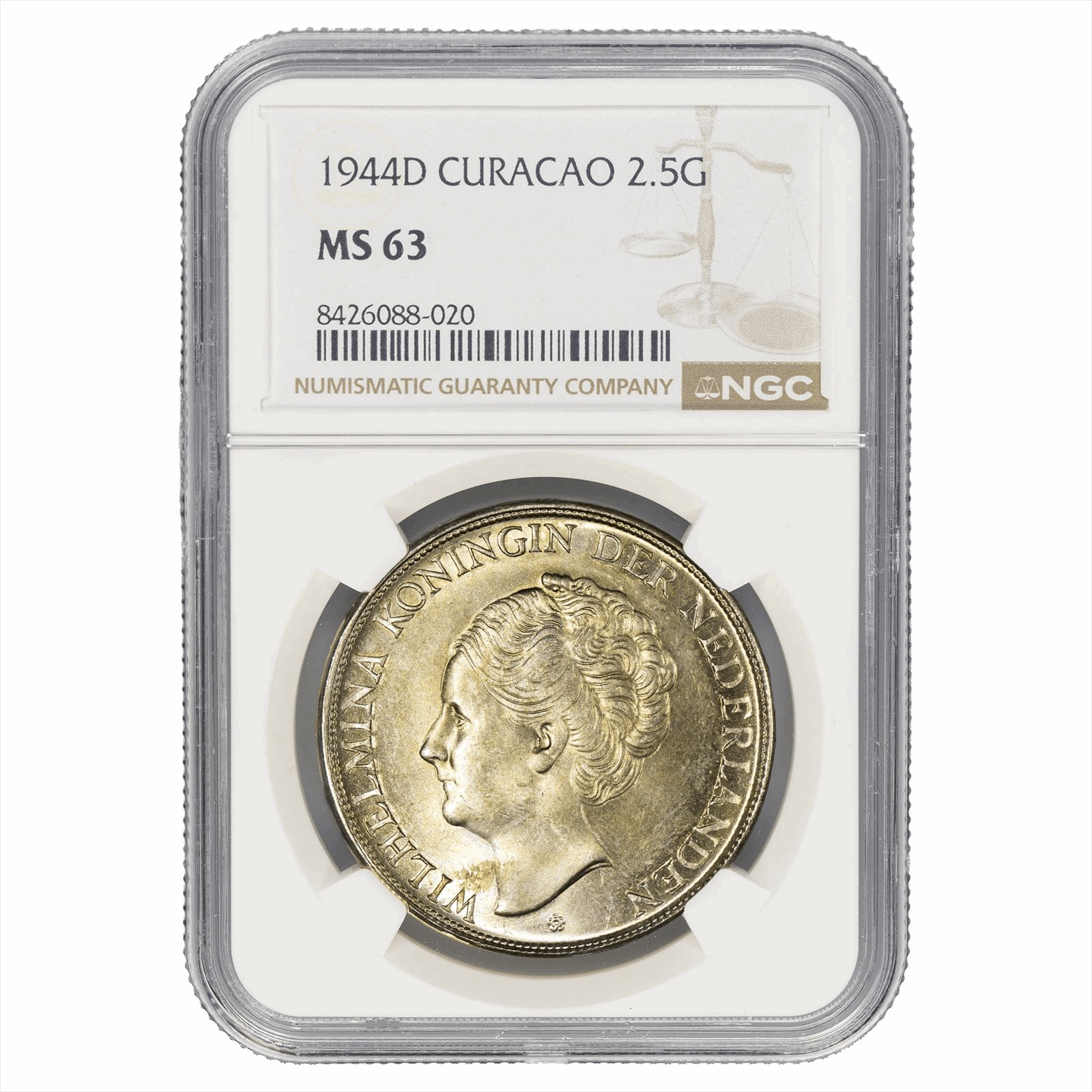 1944D Curacao Wilhelmina 2.5 Gulden NGC MS 63