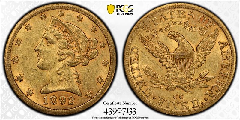 1892-CC $5 PCGS AU-58 CAC