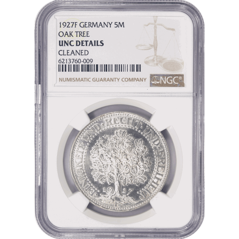 1927F Germany Weimar Silver 5 Mark Oak Tree - NGC UNC Details - White, Rare Crown
