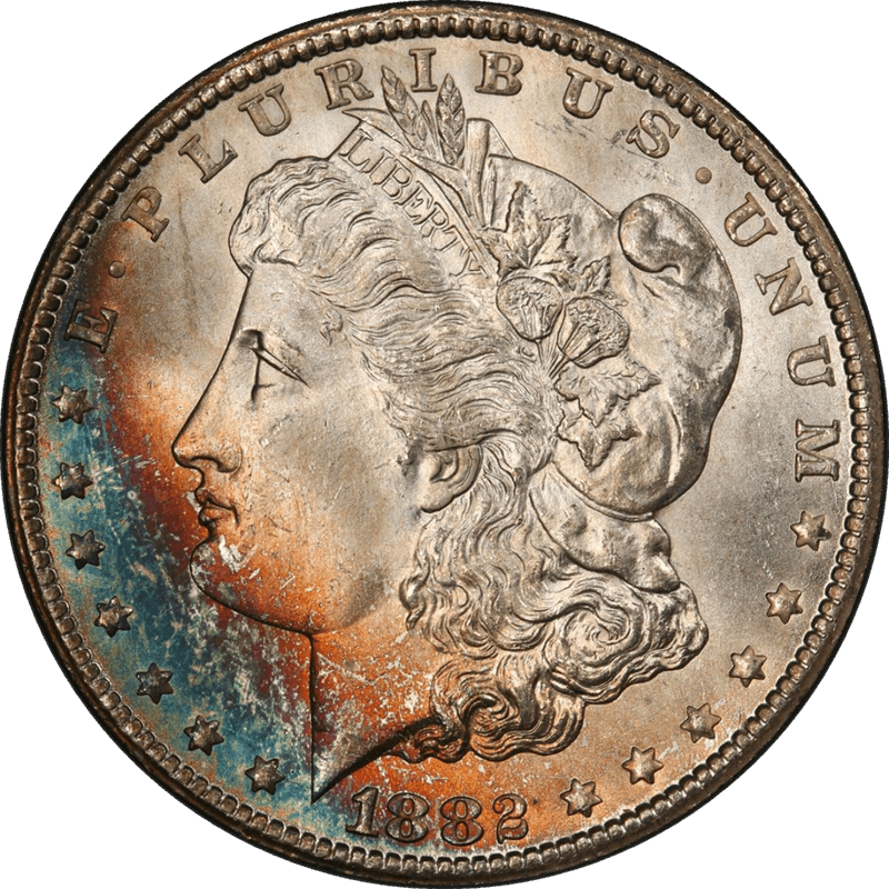 1882-CC Morgan Silver Dollar PCGS and CAC MS66+ PQ+ Coin with Obverse Crescent Toning