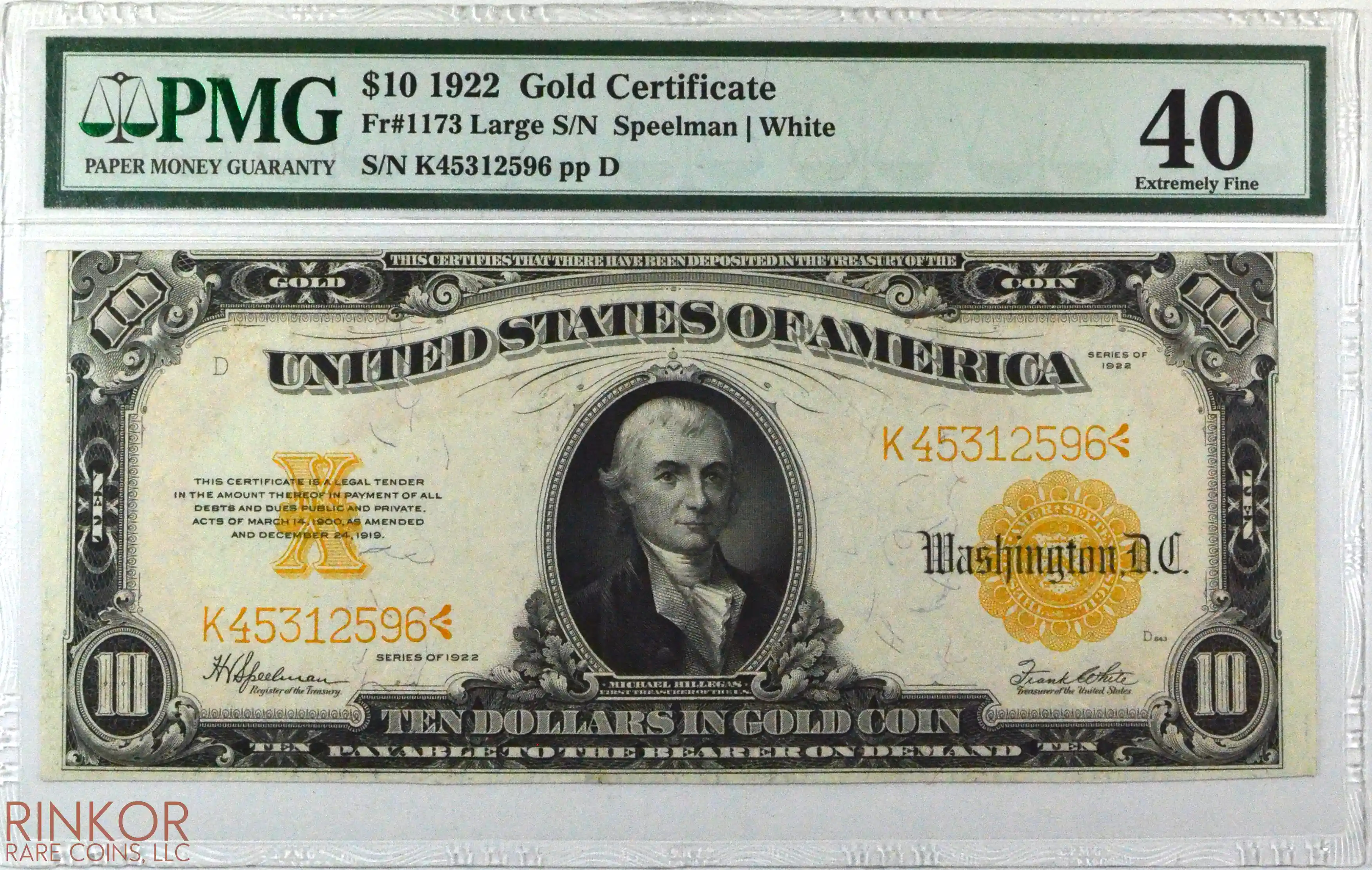 1922 $10 Fr. 1173 Gold Certificate PMG XF-40