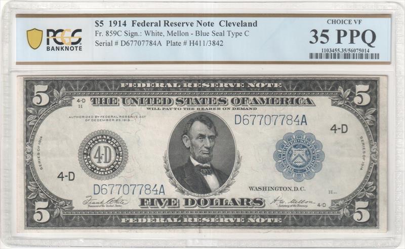 Fr. 859C 1914 $5 Federal Reserve Cleveland Blue Seal Type C PCGS VF35PPQ 