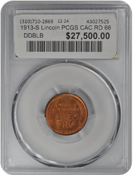 1913-S Lincoln PCGS CAC RD 66