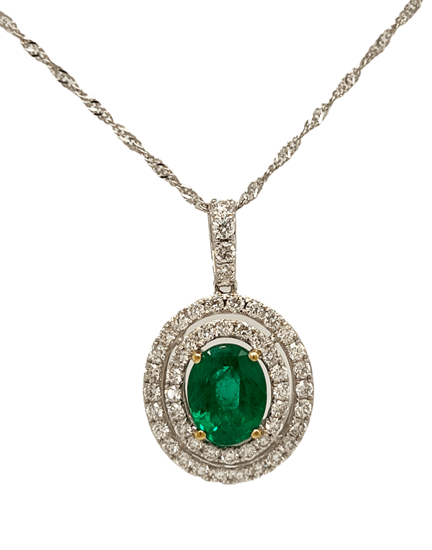 1.97ct Oval Emerald Pendant with .97cttw Diamond Double Halo Accents in 14k White Gold 