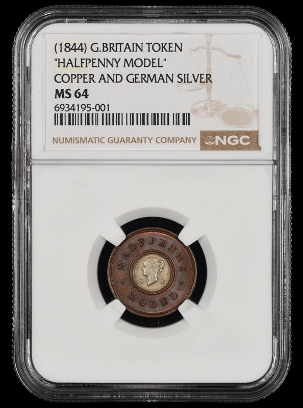 1844 Great Britain Token Halfpenny Model Copper & German Silver NGC MS64