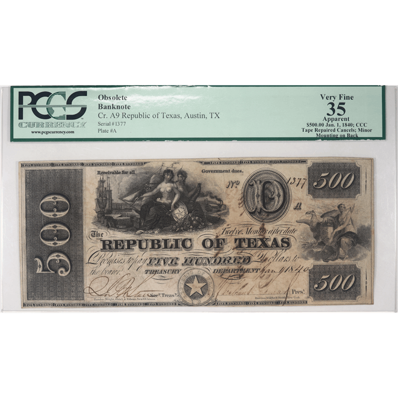 Republic of Texas $500 S/N 1377, PCGS VF 35 Apparent - Rare Note!!