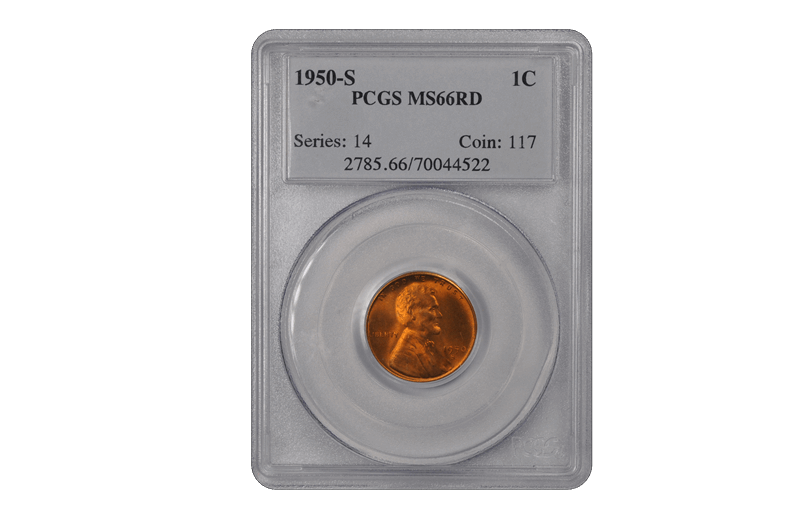 1950-S 1C Lincoln Cent - Type 1 Wheat Reverse PCGS RD #3450-4 MS66