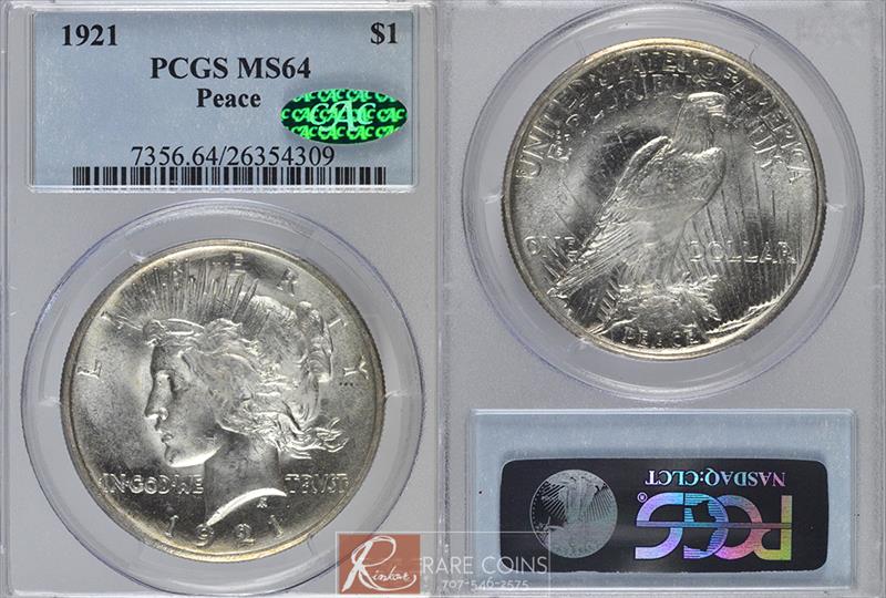1921 $1 High Relief Peace PCGS MS 64 CAC