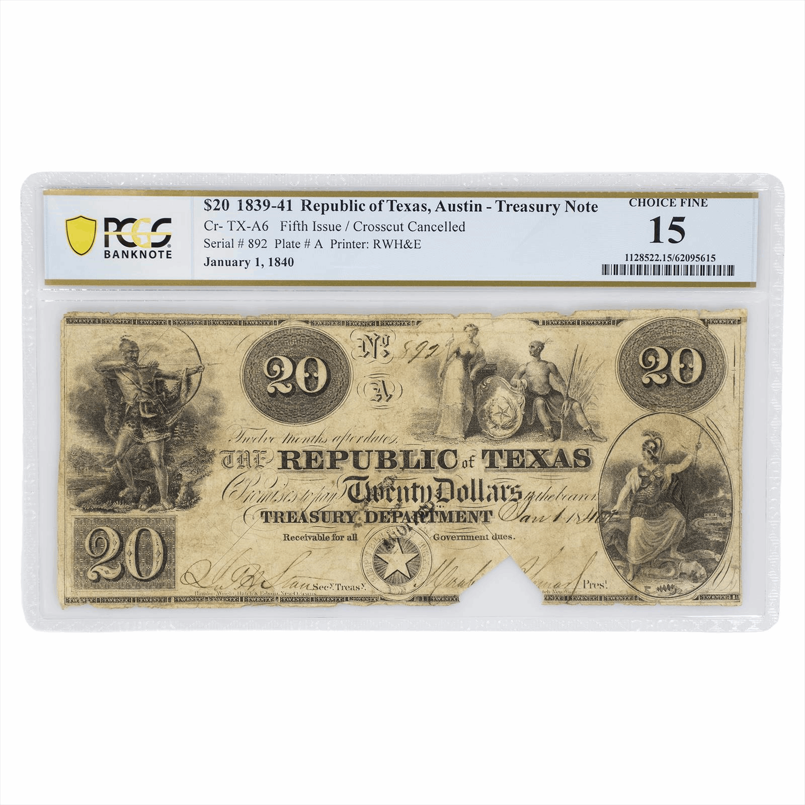 1840 Republic of Texas $20 Austin Red Back Treasury Note PCGS F 15