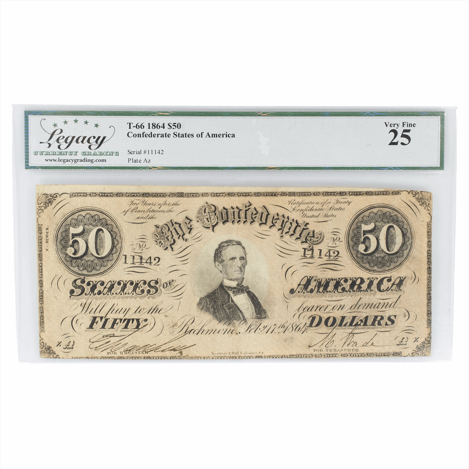 T66 1864 Confederate States of America Note $50 Legacy Very Fine 25