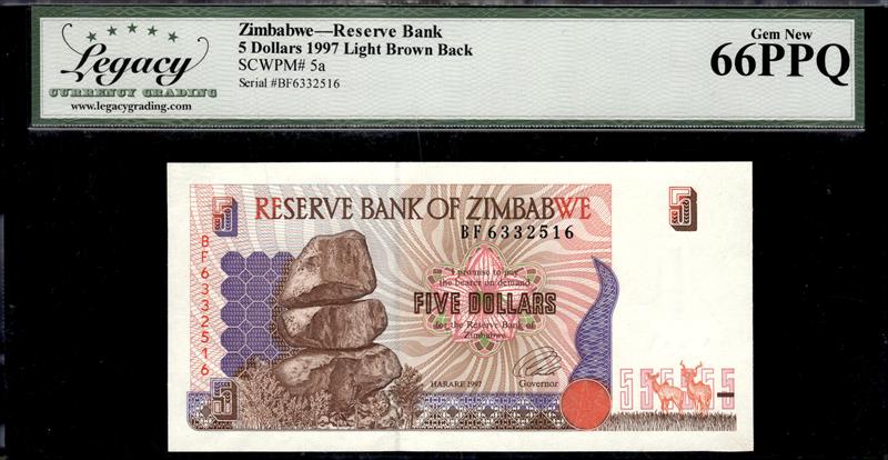 ZIMBABWE RESERVE BANK 5 DOLLARS 1997 LIGHT BROWN BACK GEM NEW 66PPQ 
