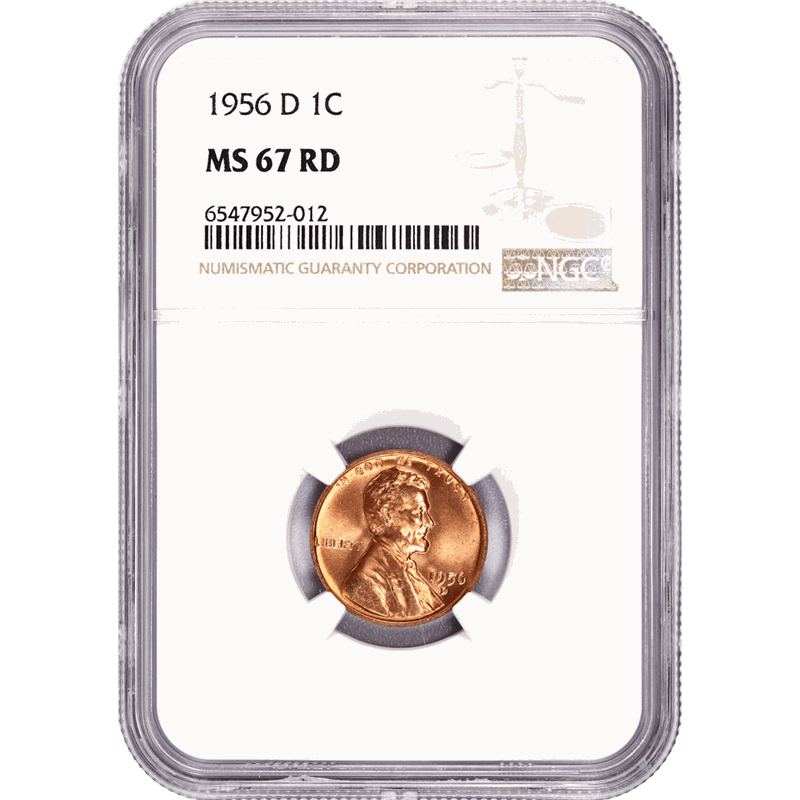 1956-D 1c Lincoln Wheat Cent - NGC  MS67RD - Lustrous and Great Color
