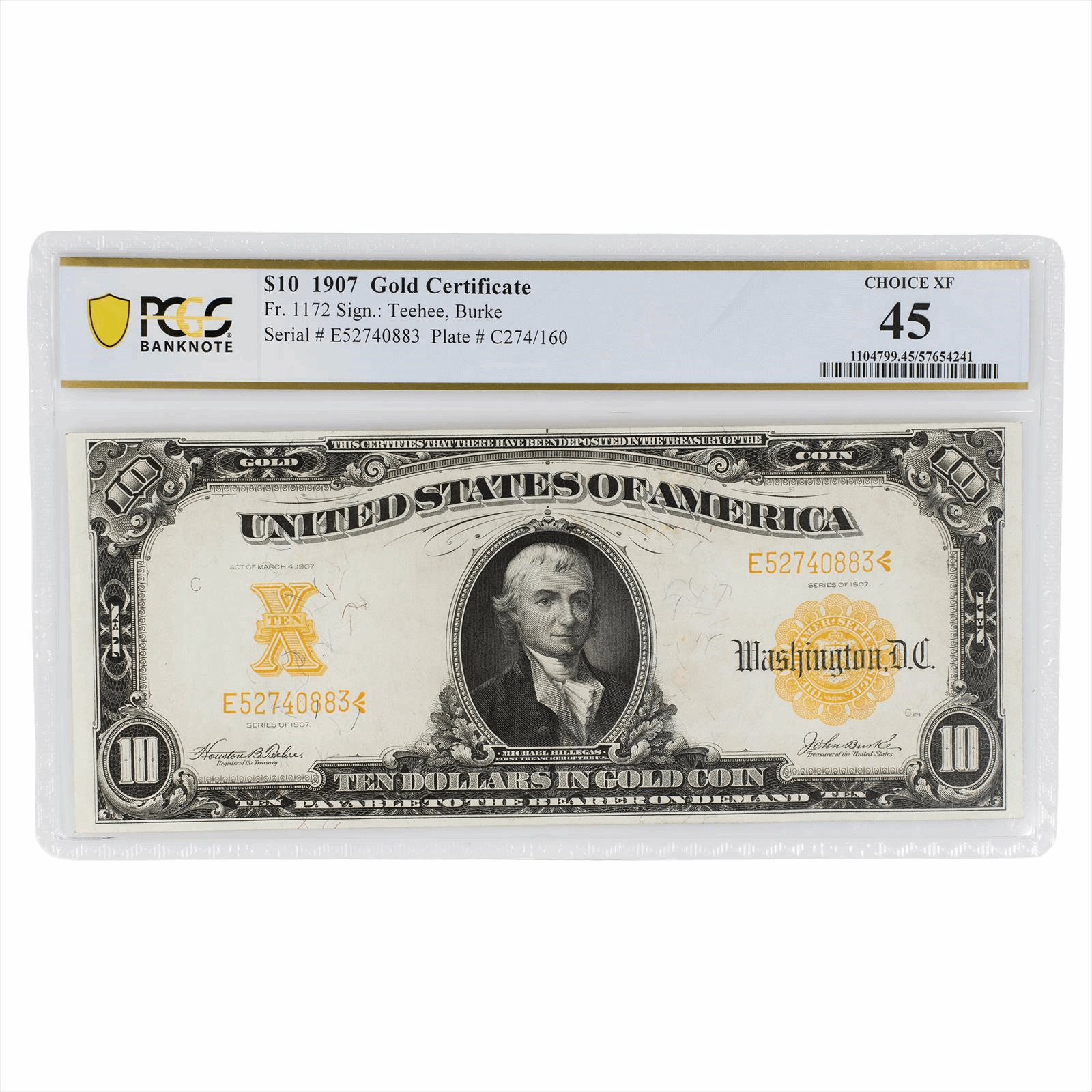 1907 $10 Gold Certificate FR1172 PCGS 45 Choice XF
