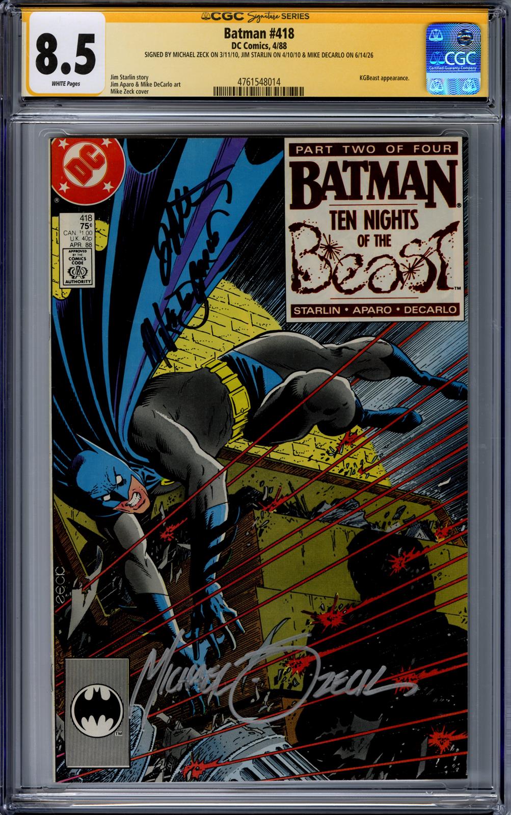 Batman #418 DC Comics 4/88 Signed by Michael Zeck, Jim Starlin, Mike DeCarlo CGC 8.5