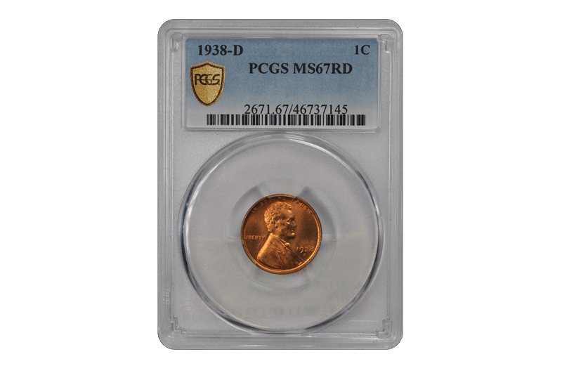 1938-D 1C Lincoln Cent - Type 1 Wheat Reverse PCGS RD #3462-12 MS67
