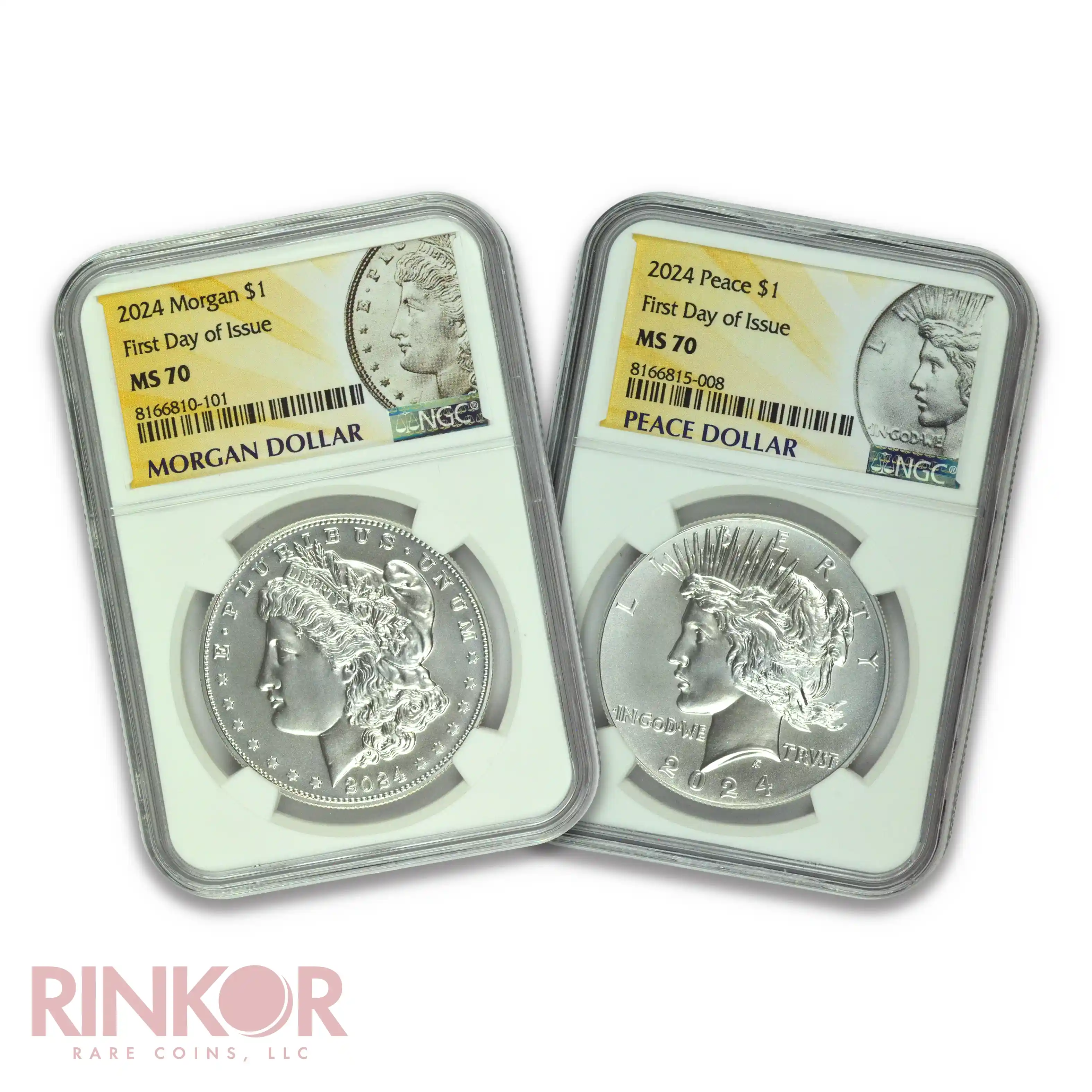 2024 $1 Morgan and Peace Dollar 2-Coin Set First Day of Issue NGC MS 70