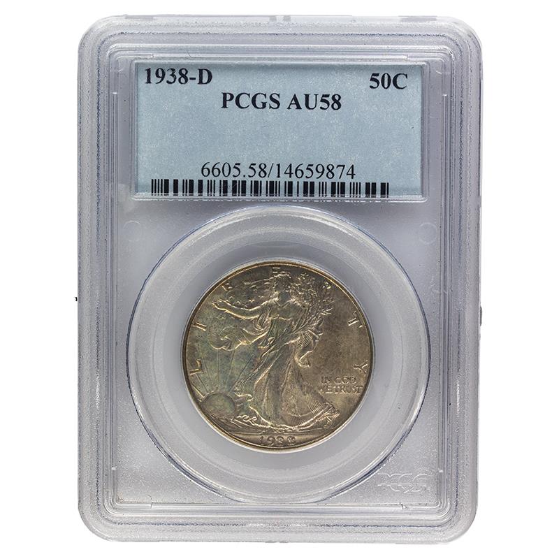 1938-D Walking Liberty Half Dollar, 50C PCGS AU 58 